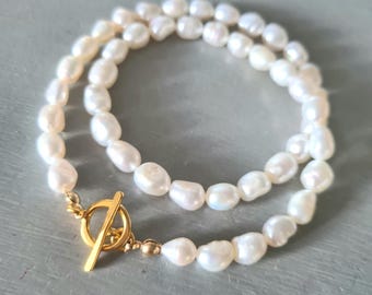 White Baroque Freshwater Pearl choker necklace Gold Vermeil toggle clasp large 7mm pearl necklace REAL Pearl jewellery gift for her mum