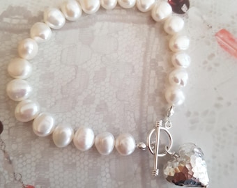 Baroque Freshwater Pearl bracelet Sterling Silver hammered heart white, grey or Peacock real 7mm pearl bracelet June Birthstone jewelry gift