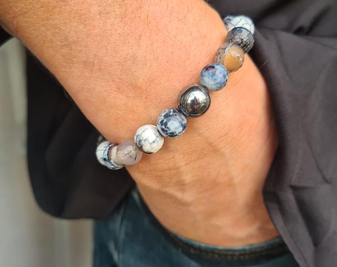 Men's bracelet chunky AGATE and Hematite 12mm grey brown gemstone bead bracelet BOHO bracelet stone stacking men's jewellery gift for him