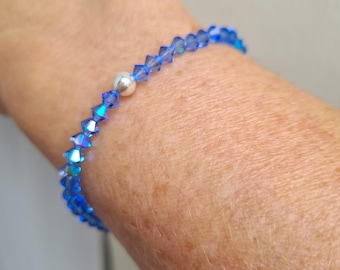 Sapphire AB Blue crystal stretch bracelet Sterling Silver or Gold Fill tiny blue crystal beaded bracelet September Birthstone jewellery gift