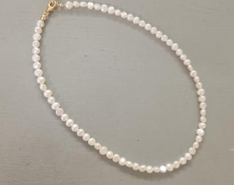 Small Freshwater Pearl choker necklace Sterling Silver or Gold Fill 4-5mm real white Baroque pearl necklace June Birthstone jewelry gift her