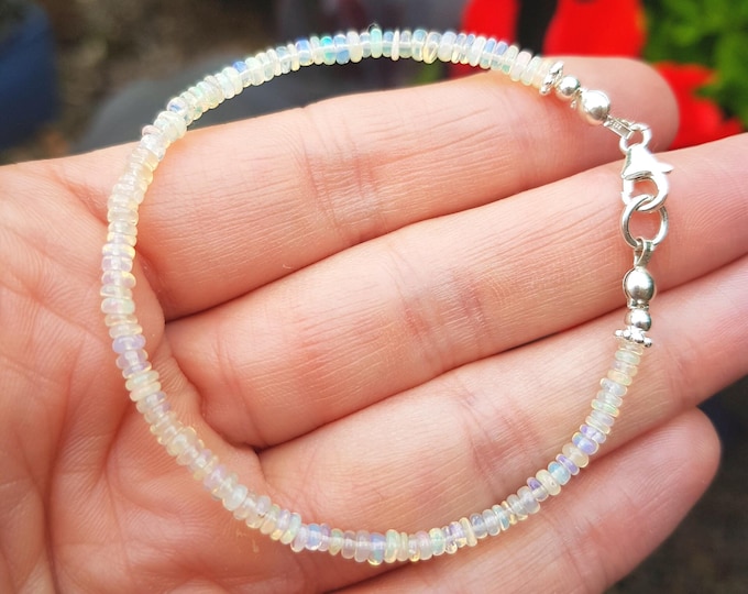 Tiny Ethiopian OPAL Bracelet Sterling Silver real 3mm Welo / Ethiopian Opal gemstone bead Bracelet OCTOBER Birthstone jewellery gift for her
