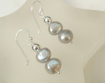 Grey Freshwater pearl earrings Sterling Silver or Gold Fill grey white or black Baroque pearl earrings June Birthstone jewellery gift mum