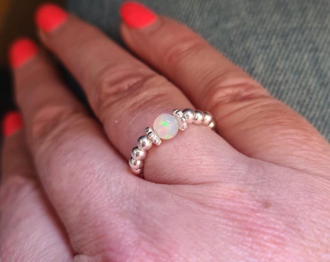 Ethiopian OPAL stretch Ring Sterling Silver or Gold fill tiny gemstone bead Ring OCTOBER Birthstone jewellery gift 14th anniversary gift