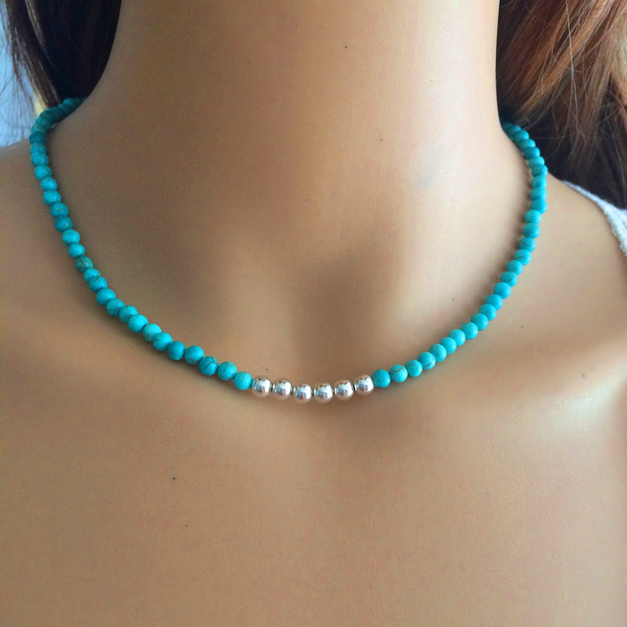Turquoise choker necklace Sterling Silver or 18K Gold Fill real tiny ...