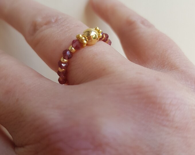 Tiny red GARNET stretch ring 14K Gold Fill or Sterling Silver Rhodolite Garnet gemstone bead ring stacking January Birthstone jewellery gift