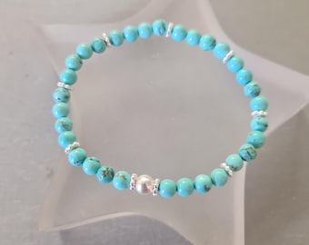 TURQUOISE stretch Bracelet with Sterling Silver or Gold Fill accent beads December Birthstone jewellery gift girl
