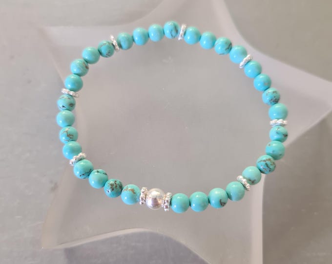 TURQUOISE stretch Bracelet with Sterling Silver or Gold Fill accent beads December Birthstone jewellery gift girl