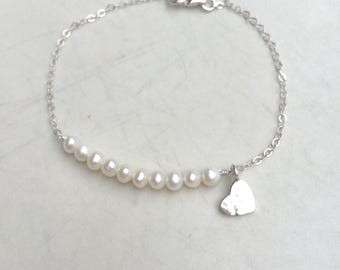 Tiny Freshwater seed Pearl bracelet with hammered heart in Gold Fill or Sterling Silver real pearl June Birthstone jewellery gift for her