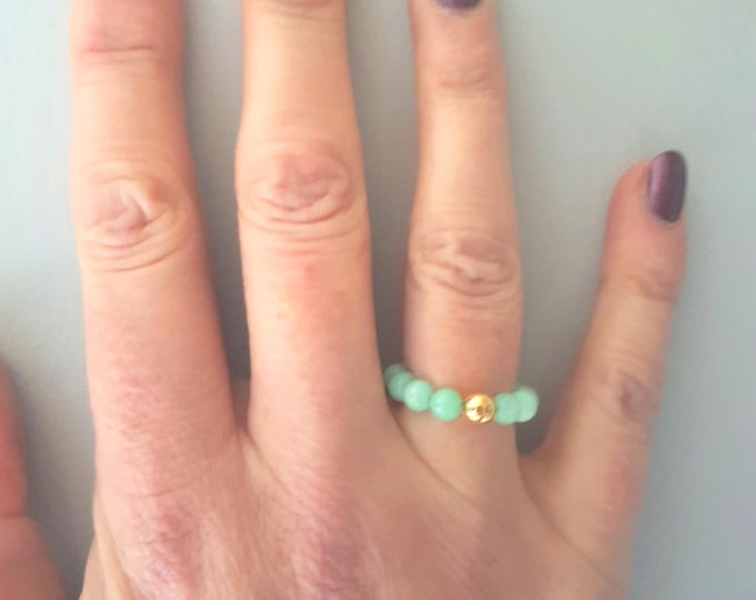Aqua GREEN JADE RING Sterling Silver stretch ring beaded green gemstone bead ring green stacking ring Jade arthritis chakra jewellery gift