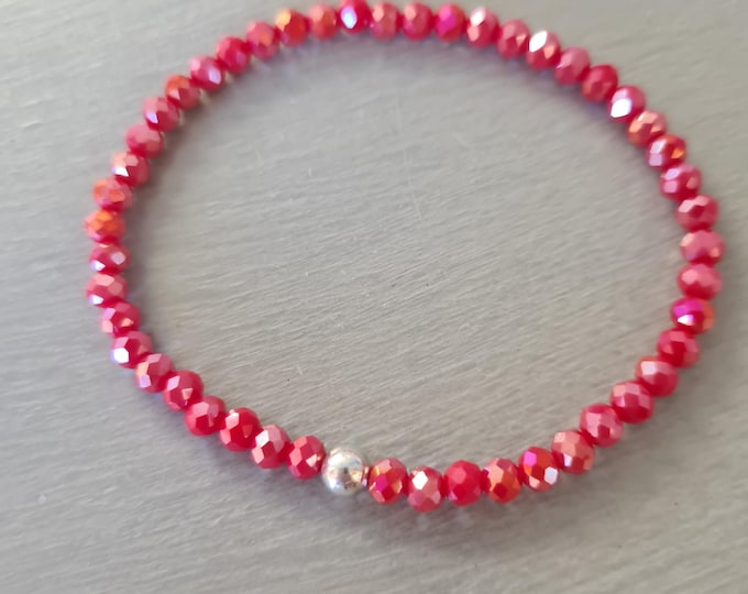 Ruby Red crystal stretch bracelet Sterling Silver or Gold Fill small 4mm red AB crystal rondelle bead bracelet arthritis jewellery stacking