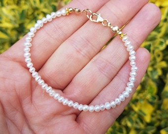 Tiny Freshwater seed Pearl Bracelet 14K Gold Fill 3mm real white pearl Bracelet June Birthstone jewellery gift 3rd wedding anniversary gift