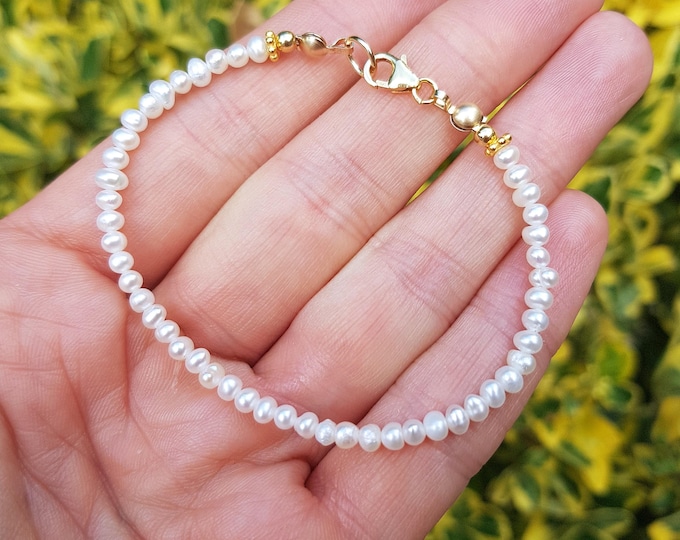 Tiny Freshwater seed Pearl Bracelet 14K Gold Fill 3mm real white pearl Bracelet June Birthstone jewellery gift 3rd wedding anniversary gift