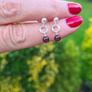 Tiny red Garnet earrings Sterling Silver or Gold Fill stud 4mm dark red gemstone bead drop earrings  - January Birthstone jewellery gift