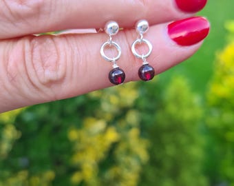 Tiny red Garnet earrings Sterling Silver or Gold Fill stud 4mm dark red gemstone bead drop earrings  - January Birthstone jewellery gift