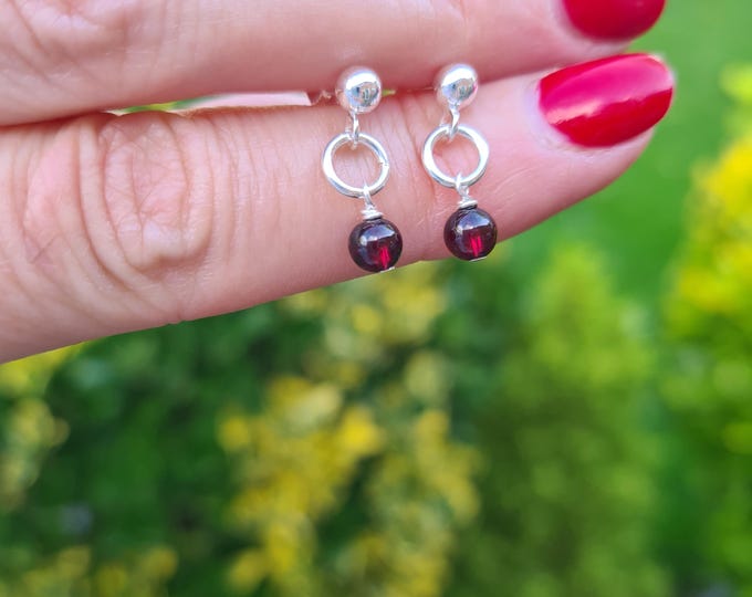Tiny red Garnet earrings Sterling Silver or Gold Fill stud 4mm dark red gemstone bead drop earrings  - January Birthstone jewellery gift