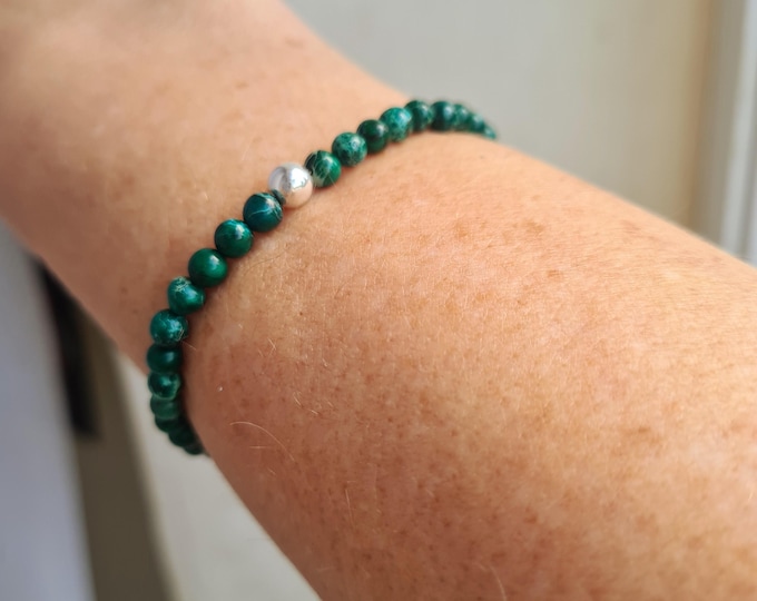 Emerald Green Jasper stretch bracelet Sterling Silver or Gold Fill tiny 4mm green gemstone bead bracelet small Beaded Jasper jewellery gift