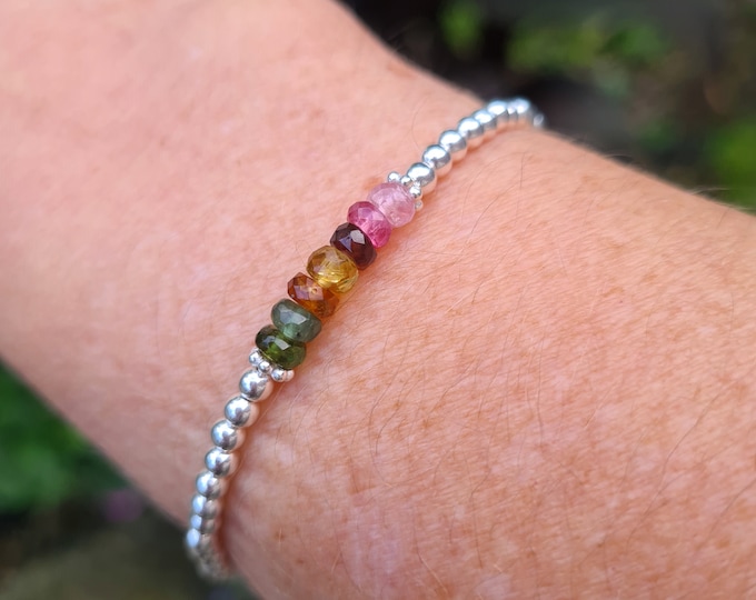 Watermelon Tourmaline stretch Bracelet in Sterling Silver or Gold Fill - OCTOBER Birthstone jewellery gift for her girl