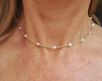 Tiny Freshwater Pearl choker necklace Sterling Silver or Gold real small white Baroque pearl necklace June Birthstone jewellery gift for her