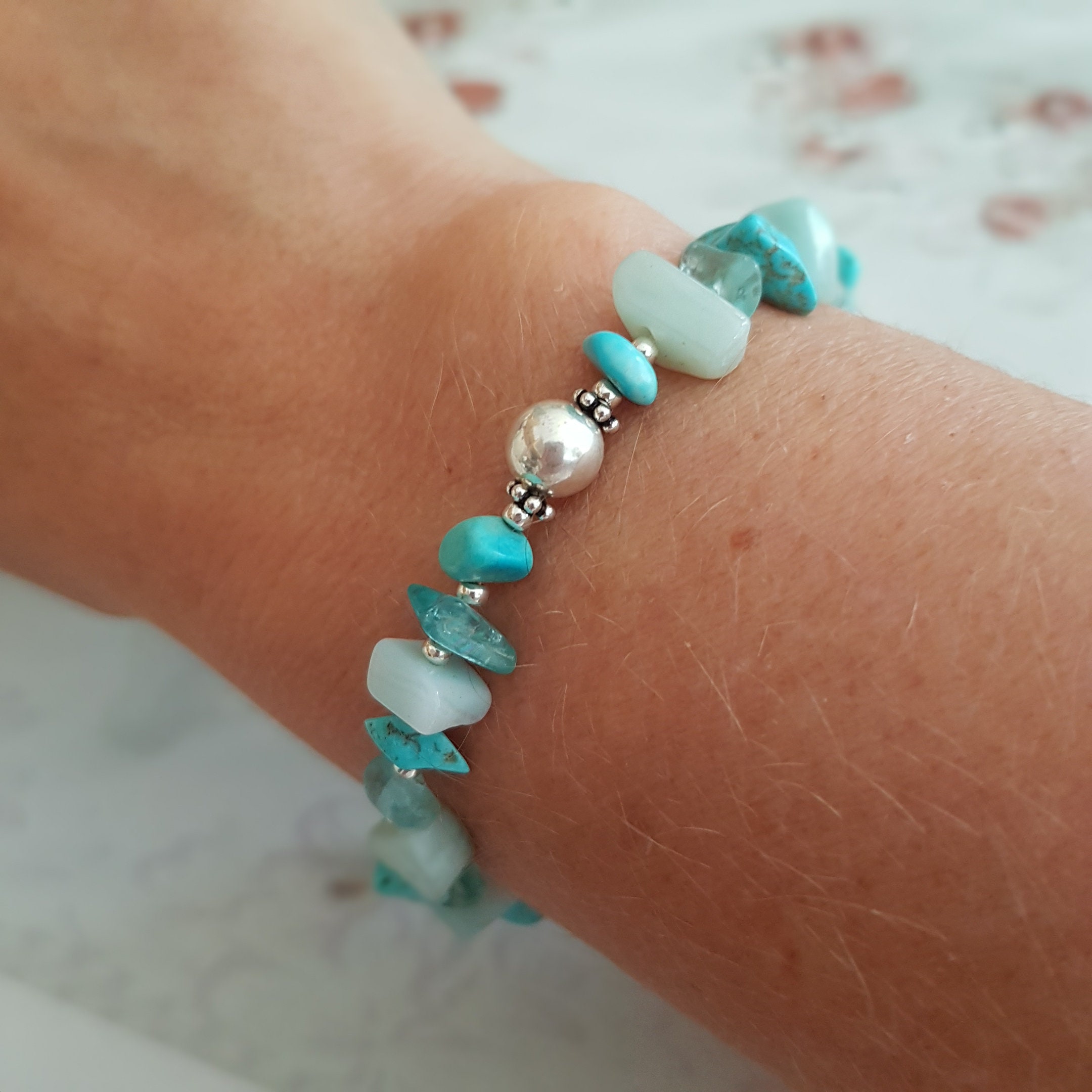 Multi gemstone STRETCH Bracelet RAW Turquoise Apatite and Amazonite