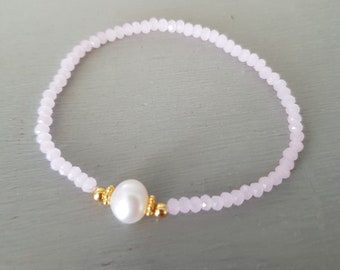 Pink opal crystal stretch bracelet with Baroque Freshwater Pearl Sterling Silver or Gold Fill real  pearl tiny bead bracelet stacking gift