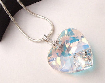 AB crystal heart necklace Sterling Silver large AB Crystal heart pendant necklace handmade Mothers Day gift mum Austrian Crystal jewellery