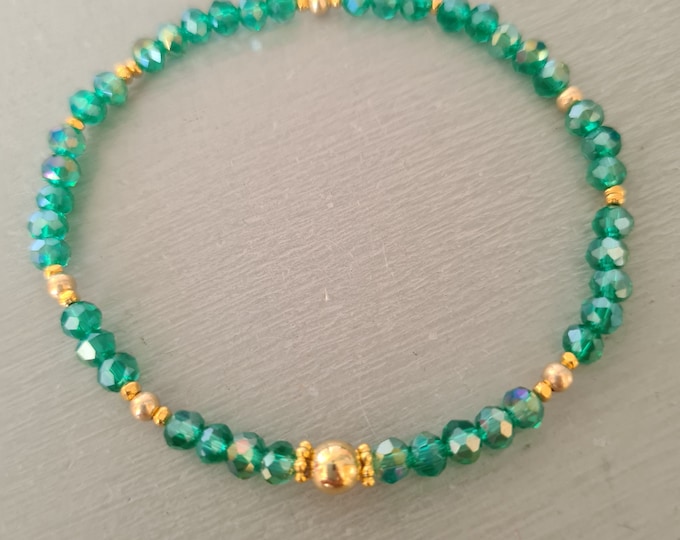 Emerald green crystal stretch bracelet Sterling Silver or Gold Fill tiny 4mm small green beaded bracelet May Birthstone jewellery gift girl