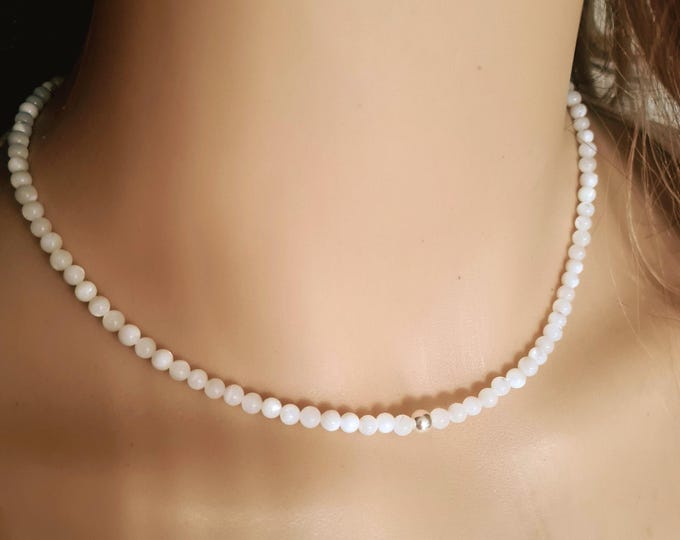 Tiny Mother of Pearl necklace choker with Sterling Silver or 14K Gold Fill bead tiny white gemstone bead necklace beaded MOP jewellery gift