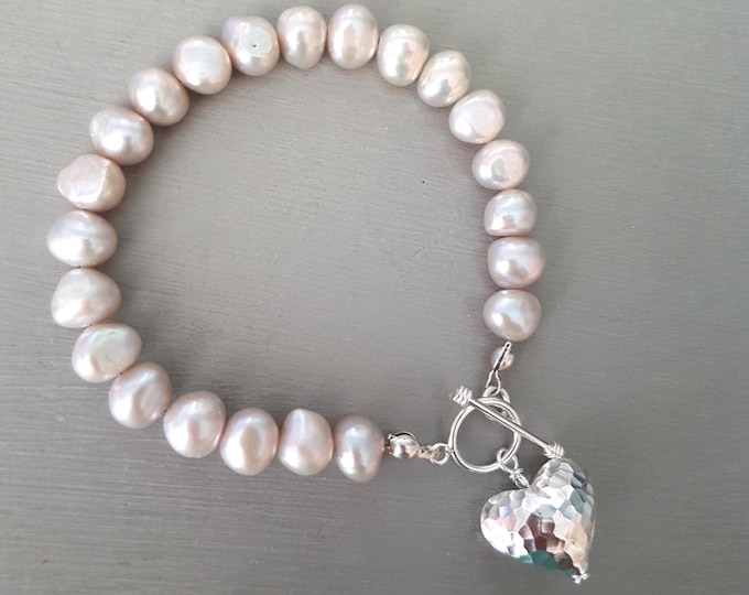Grey Freshwater Pearl bracelet Sterling Silver hammered heart real large Baroque pearl bracelet - June Birthstone jewellery gift for her