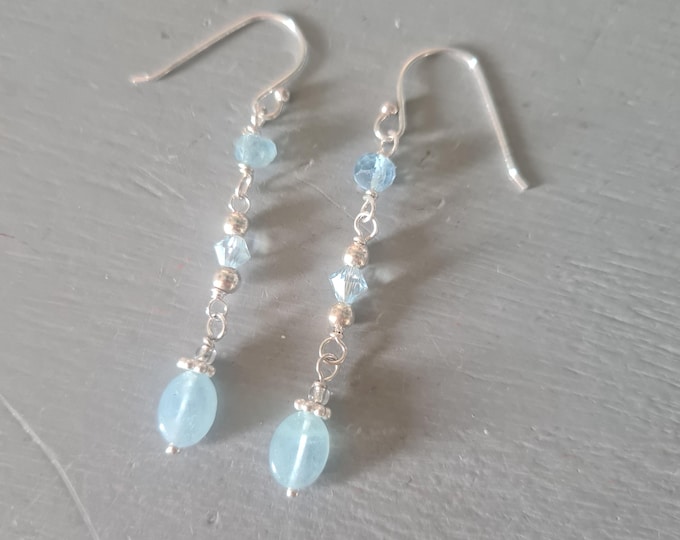 Aquamarine earrings Sterling Silver blue gemstone bead drop earrings wire wrapped Aquamarine March Birthstone jewellery gift for her wife