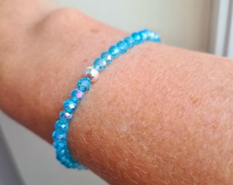 Tiny Aqua Blue crystal stretch bracelet Sterling Silver or Gold Fill 4mm Aquamarine crystal rondelle bead bracelet arthritis jewellery gift
