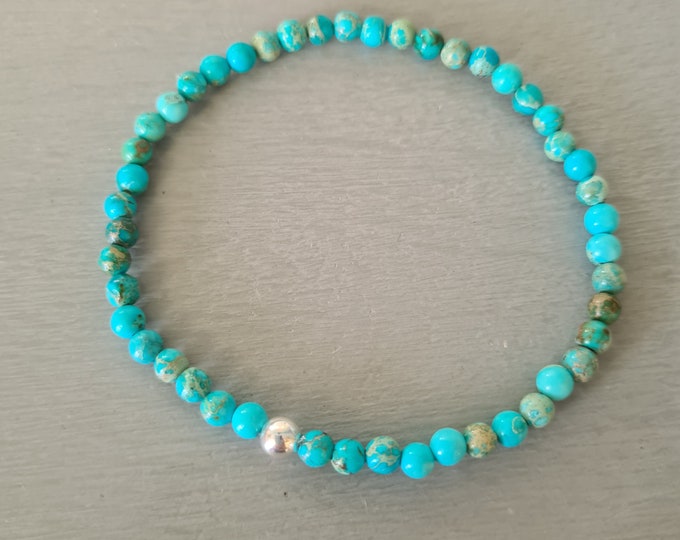 Tiny Turquoise Blue Jasper bracelet Sterling Silver or Gold Fill 4mm blue gemstone bead stretch bracelet small Beaded Chakra jewellery gift