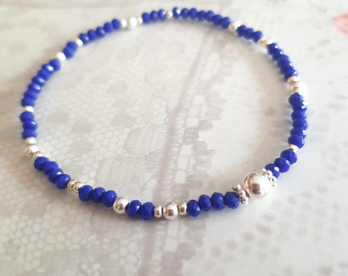 Tiny blue crystal stretch bracelet Sterling Silver or Gold Fill small neon blue beaded bracelet seed bead bracelet stacking jewellery gift