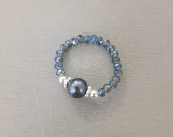 Peacock Freshwater Pearl stretch ring Sterling Silver or Gold real Blue pearl and blue crystal ring June BIRTHSTONE jewellery gift for her