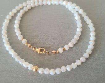 Mother of Pearl necklace choker with Sterling Silver or 14K Gold Fill bead - tiny white beaded MOP gemstone jewellery gift