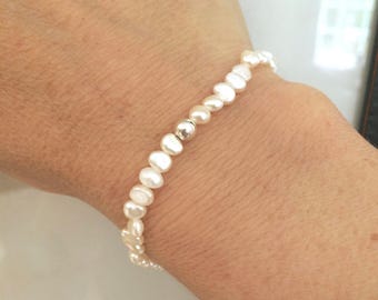 Tiny Baroque Freshwater Pearl STRETCH Bracelet with a Sterling Silver or 14ct Gold Fill or No metal accent - June Birthstone jewellery gift