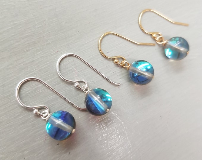 Blue Mystic Quartz earrings Sterling Silver or 14K Gold Fill grey blue Quartz gemstone bead earrings Crown Chakra jewellery gift for her him