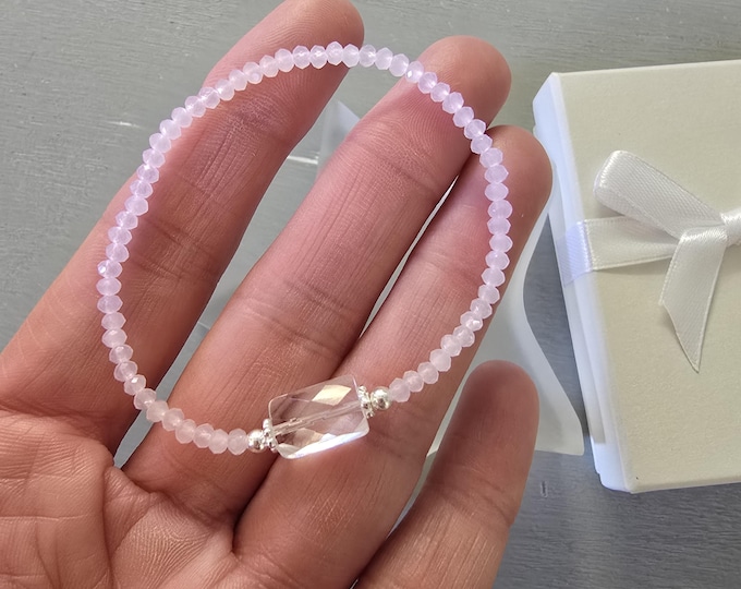 Pink opal crystal stretch bracelet with clear Rock Quartz Sterling Silver or Gold Fill tiny pink bead stacking April Birthstone jewelry gift