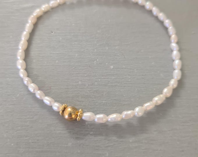 Tiny Freshwater Pearl STRETCH Bracelet Sterling Silver or Gold Fill 3mm real rice pearl Bracelet June Birthstone jewellery gift for girl her