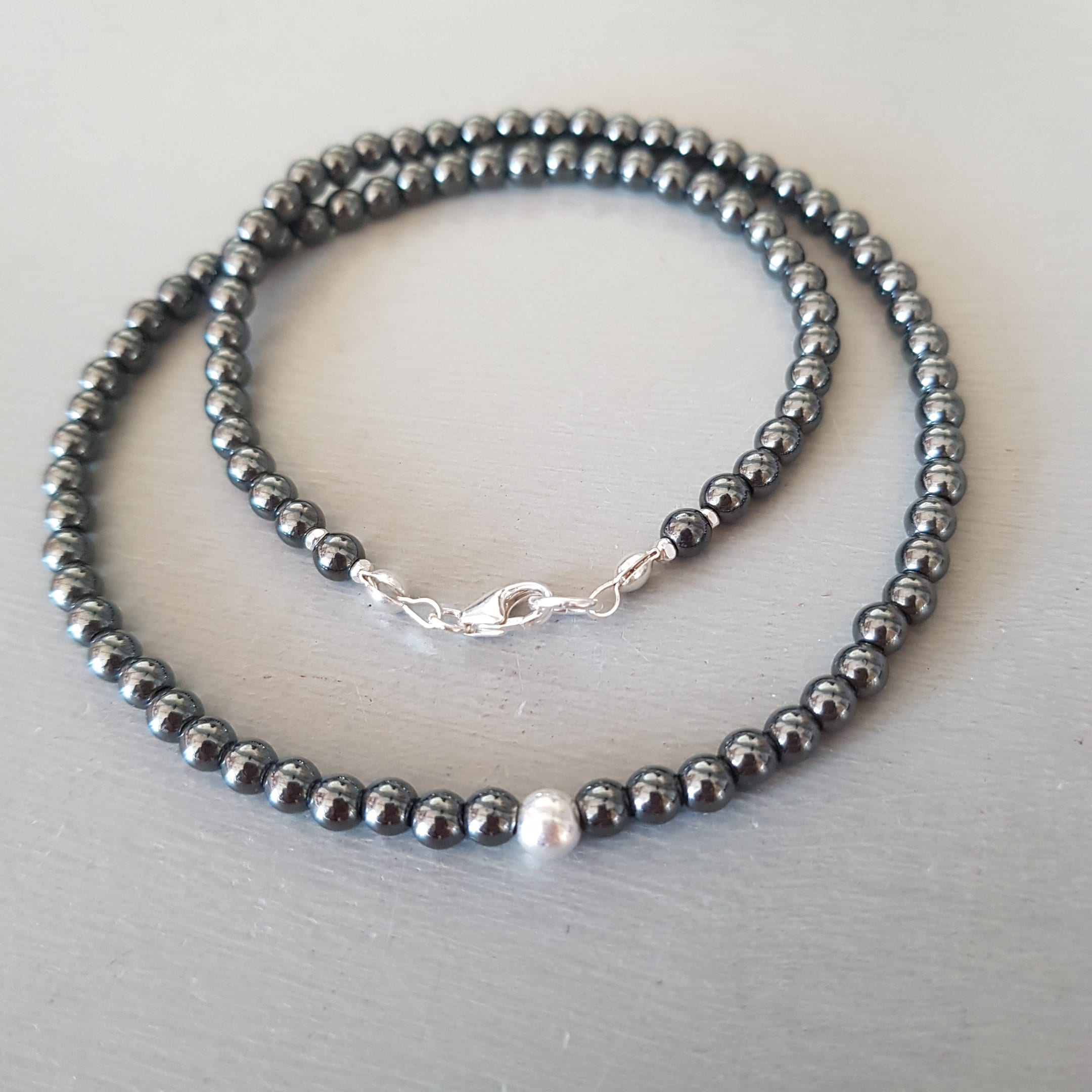 Black Hematite choker necklace Sterling Silver tiny black gemstone bead ...