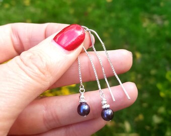 Peacock Freshwater pearl threader earrings Sterling Silver / Gold long real pearl Blue Black earrings June Birthstone jewellery gift for her