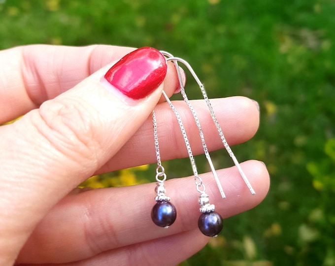 Peacock Freshwater pearl threader earrings Sterling Silver / Gold long real pearl Blue Black earrings June Birthstone jewellery gift for her