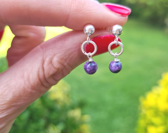 Tiny purple Charoite earrings Sterling Silver or Gold Fill 5mm small purple gemstone drop earrings jewellery Yoga lover Crown Chakra gift