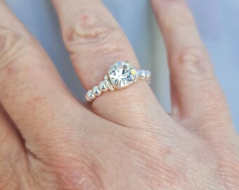 Silver Stretch Ring - with Clear Swarovski crystal, Sterling Silver Beads Ring Elastic Ring, Beaded Stretch Ring Stackable stretch ring gift