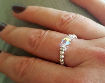 Sterling Silver Stretch Ring with AB Swarovski crystal, 925 Silver Beads Ring Elastic Ring, Beaded Stretch Ring Stackable stretch ring gift