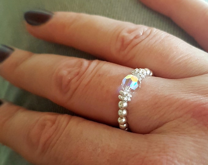 Sterling Silver Stretch Ring with AB Swarovski crystal, 925 Silver Beads Ring Elastic Ring, Beaded Stretch Ring Stackable stretch ring gift