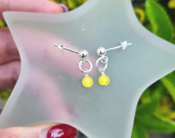 Tiny Yellow Jade earrings Sterling Silver stud Gold small neon Yellow gemstone bead drop earrings Solar Plexus Chakra healing jewellery gift