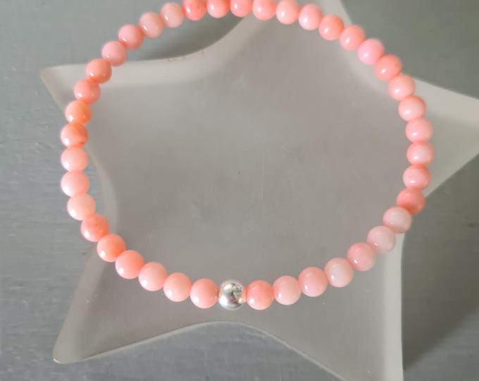 Pink Coral stretch Bracelet Sterling Silver or Gold Fill tiny 4mm salmon pink Coral gemstone bead Bracelet stacking 35th anniversary gift