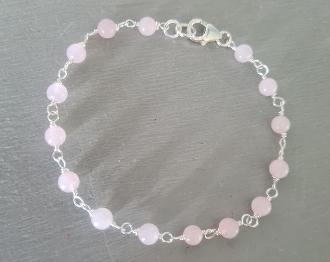 Tiny ROSE QUARTZ Bracelet Sterling Silver 4mm pink gemstone Bead Bracelet beaded wire wrapped January Birthstone jewellery gift Heart Chakra