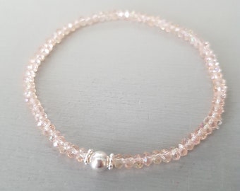 Tiny peach crystal stretch bracelet Sterling Silver Gold Fill 3mm small pink AB beaded bracelet skinny seed bead stacking sparkly jewellery